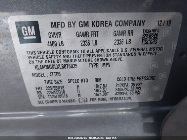 KL4MMGSLXLB076835 Buick Encore Gx Awd Essence