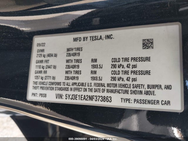 Tesla Model 3 Rear-wheel Drive 2022 5YJ3E1EA2NF373863 Image 9
