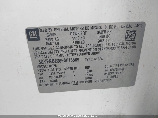 3GYFNBE38FS618589 Cadillac Srx Luxury Collection