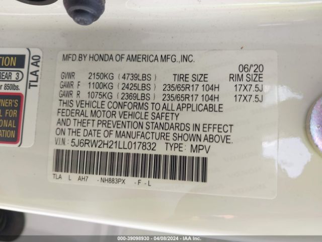 5J6RW2H21LL017832 Honda Cr-v Awd Lx