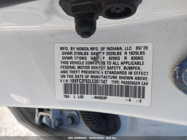 Honda Civic Lx 2020 19XFC2F62LE207347 Image 9