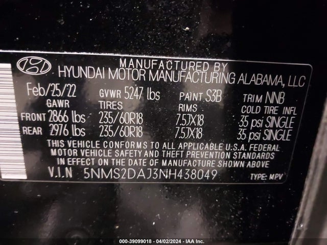 Hyundai Santa Fe Sel 2022 5NMS2DAJ3NH438049 Image 9