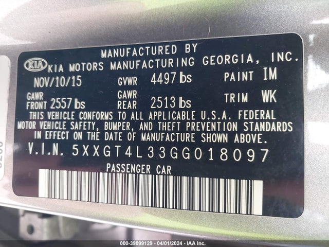 KIA Optima Lx 2016 5XXGT4L33GG018097 Image 9