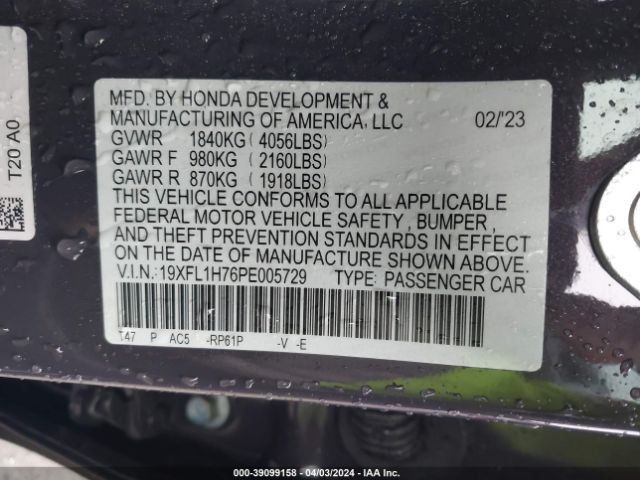 19XFL1H76PE005729 Honda Civic Ex-l /ex-l W/o Bsi