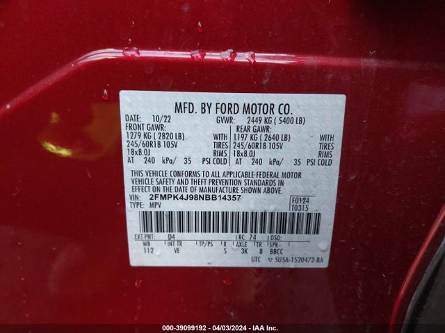 Ford EDGE SEL 2022 2FMPK4J98NBB14357 Image 9