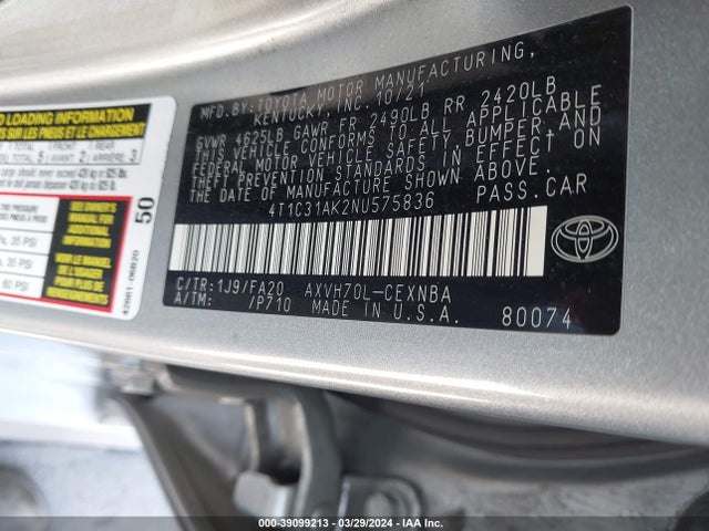Toyota Camry Le Hybrid 2022 4T1C31AK2NU575836 Image 9