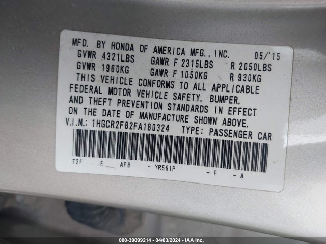 Honda Accord Ex-l 2015 1HGCR2F82FA180324 Image 9