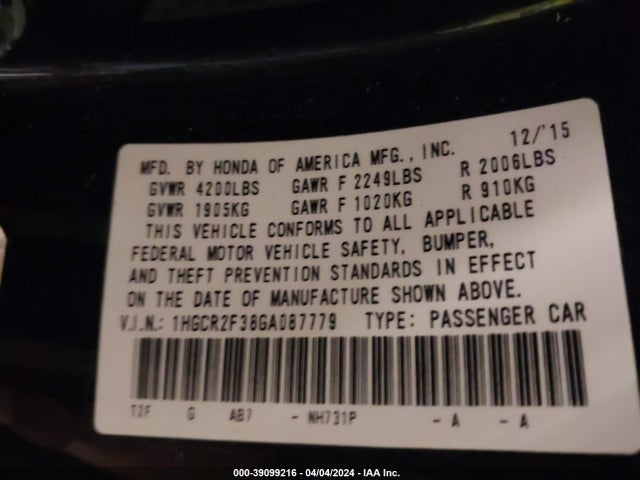 Honda ACCORD LX 2016 1HGCR2F38GA087779 Image 9