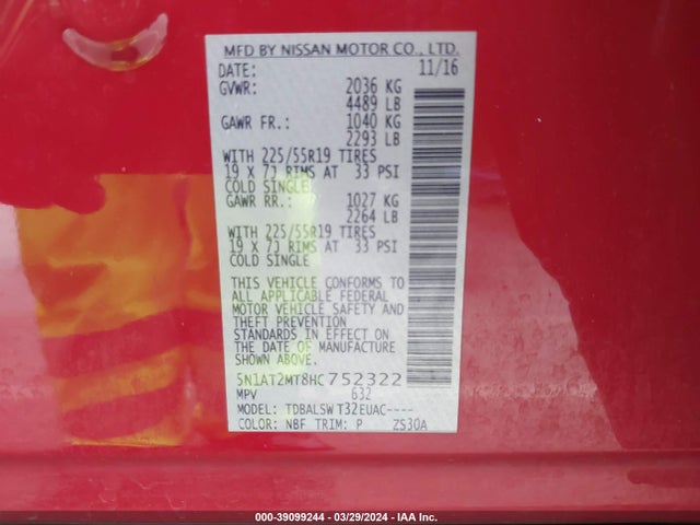 Nissan Rogue Sl 2017 5N1AT2MT8HC752322 Image 9