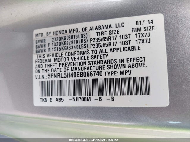 Honda ODYSSEY EX 2014 5FNRL5H40EB066740 Image 9