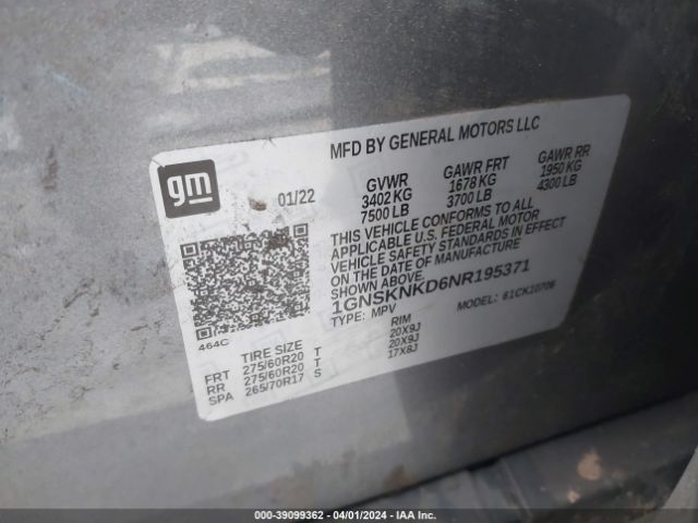 1GNSKNKD6NR195371 Chevrolet Tahoe 4wd Lt