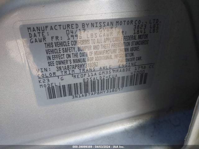 Nissan SENTRA SV 2017 3N1AB7AP8HY318097 Image 9