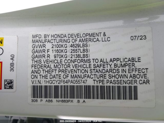 1HGCY2F64PA055747 Honda Accord Hybrid Ex-l