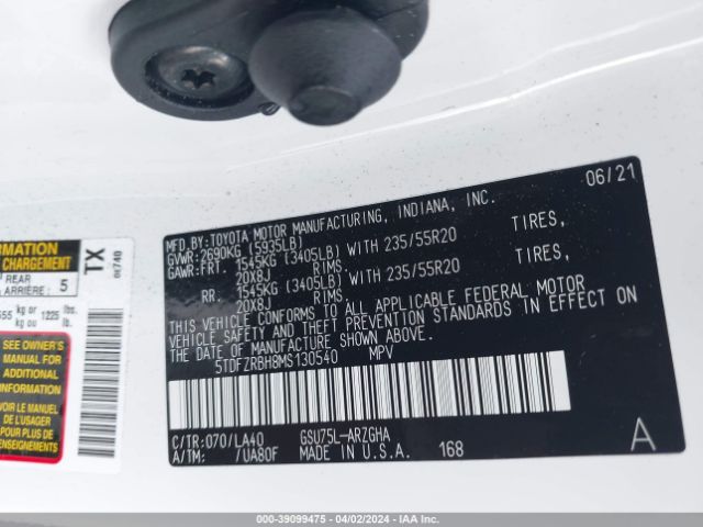 5TDFZRBH8MS130540 Toyota Highlander Platinum