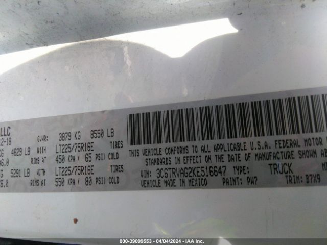 3C6TRVAG2KE516647 RAM Promaster 1500 Low Roof 136 Wb