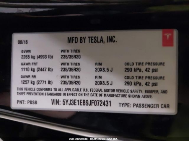 5YJ3E1EB9JF072431 Tesla Model 3 Long Range/performance
