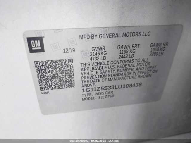 1G11Z5S33LU108438 Chevrolet Impala Fwd Lt