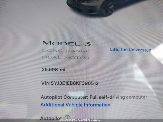 5YJ3E1EB8KF390512 Tesla Model 3 Long Range/performance