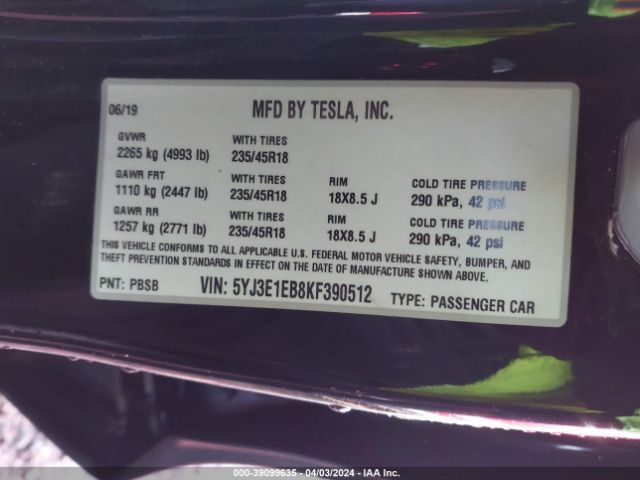5YJ3E1EB8KF390512 Tesla Model 3 Long Range/performance