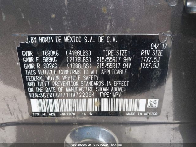 3CZRU6H71HM722094 Honda Hr-v Ex-l