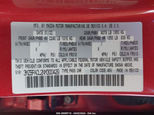 3MZBPACL2NM300429 Mazda Mazda3 Preferred