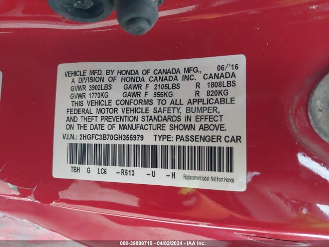 Honda Civic Ex-l 2016 2HGFC3B70GH355979 Image 9
