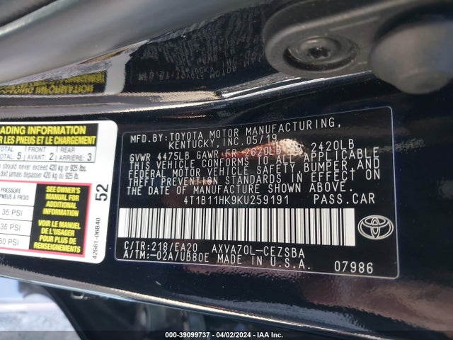 Toyota CAMRY SE 2019 4T1B11HK9KU259191 Image 9