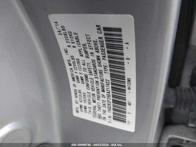 Honda ACCORD LX 2014 1HGCR2F39EA217422 Image 9