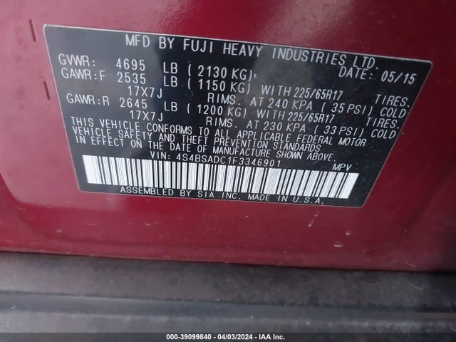 Subaru Outback 2.5i Premium 2015 4S4BSADC1F3346901 Image 9