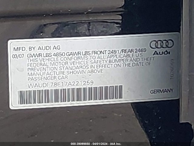 Aukcja sprzedaży 2007 Audi A4 2.0t, vin: WAUDF78E17A221259, numer aukcji: 39099850