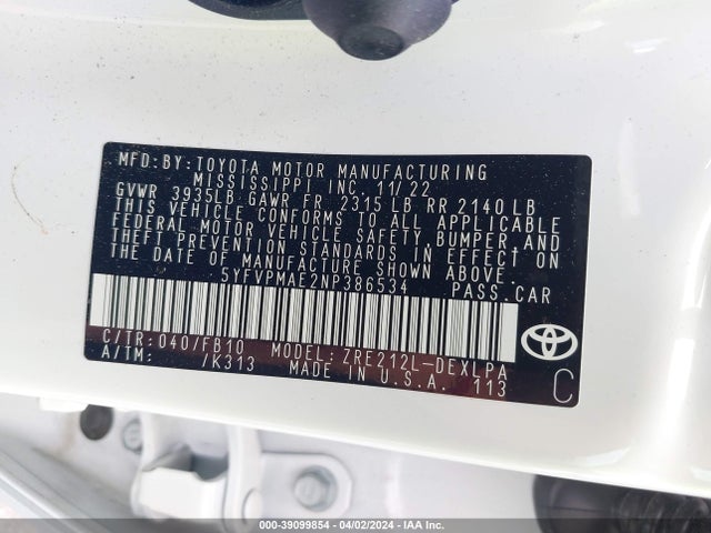 Toyota COROLLA LE 2022 5YFVPMAE2NP386534 Image 9