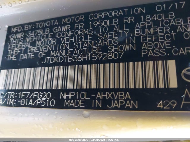 Toyota Prius C Two 2017 JTDKDTB36H1592807 Image 9