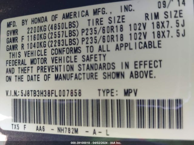 5J8TB3H38FL007858 Acura RDX
