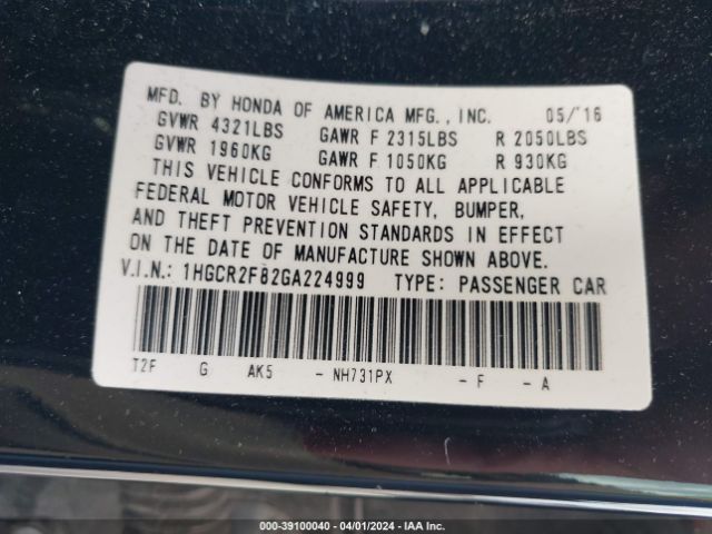 1HGCR2F82GA224999 Honda Accord Ex-l