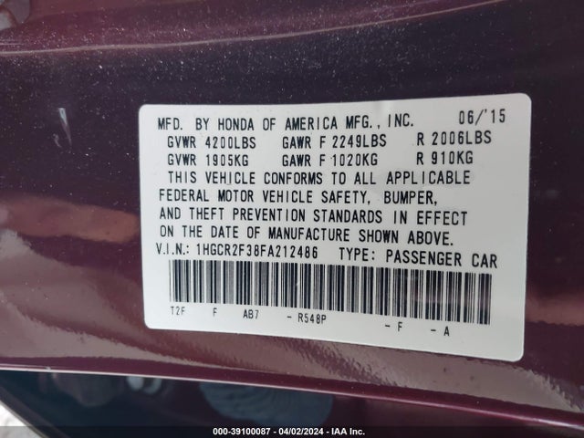39100087 :رقم المزاد ، 1HGCR2F38FA212486 vin ، 2015 Honda Accord Lx مزاد بيع