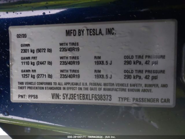 5YJ3E1EBXLF638373 Tesla Model 3 Long Range Dual Motor All-wheel Drive
