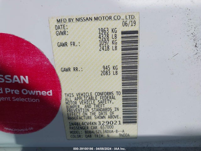 Nissan Altima 2.5 Sr 2019 1N4BL4CV4KN329021 Image 9