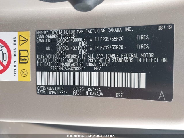 2T2BZMCA5KC209961 Lexus RX 350