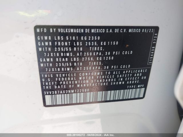 3VV3B7AX3NM122580 Volkswagen Tiguan 2.0t Se
