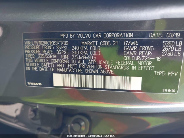 LYV102RK1KB371789 Volvo Xc60 T5 Momentum