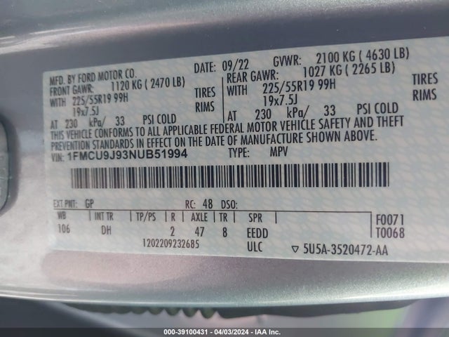 Ford Escape Titanium 2022 1FMCU9J93NUB51994 Image 9