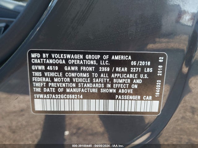1VWAS7A32GC058214 Volkswagen Passat 1.8t R-line