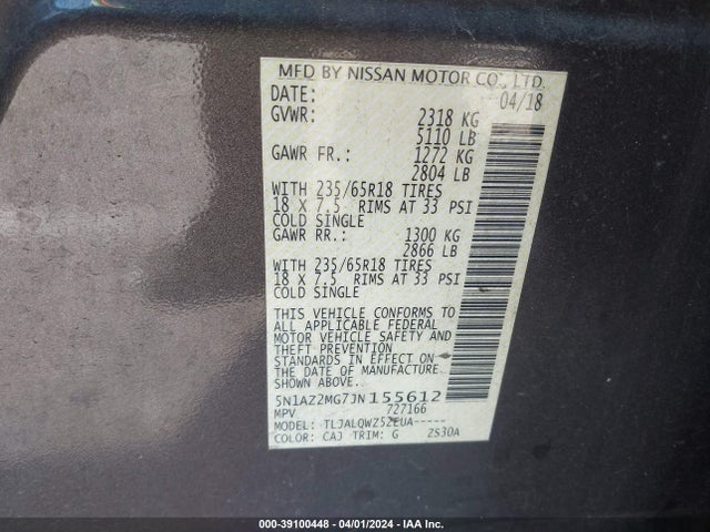 Nissan MURANO SV 2018 5N1AZ2MG7JN155612 Image 9