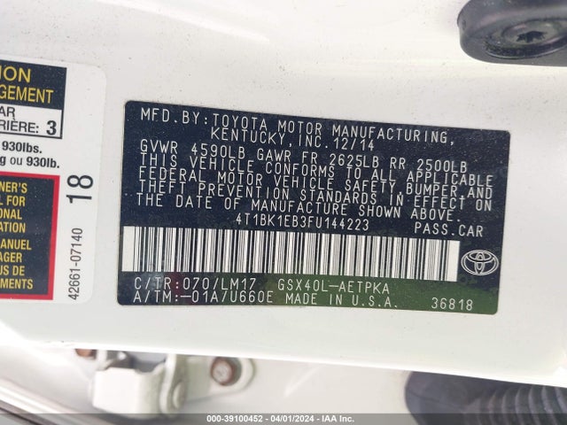 Toyota AVALON LIMITED 2015 4T1BK1EB3FU144223 Image 9