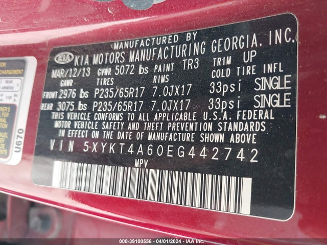 KIA SORENTO LX 2014 5XYKT4A60EG442742 Image 9