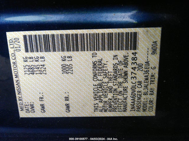 Nissan Maxima Sl Xtronic Cvt 2020 1N4AA6DV0LC374384 Image 9