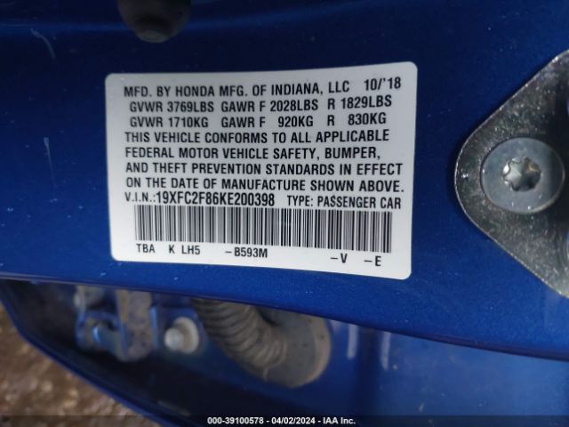 19XFC2F86KE200398 Honda Civic Sport