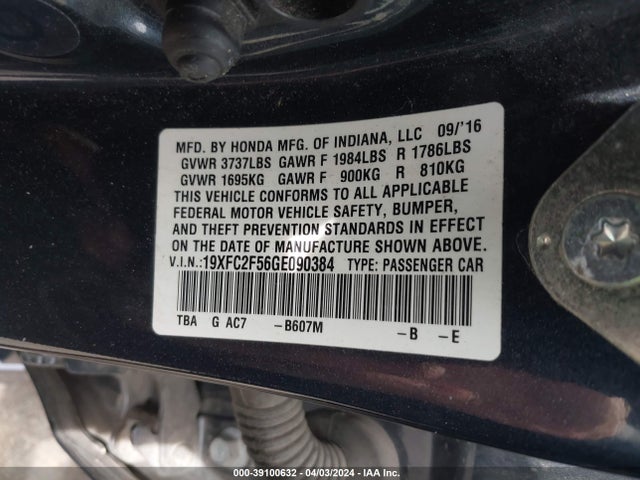 Honda Civic Lx 2016 19XFC2F56GE090384 Image 9