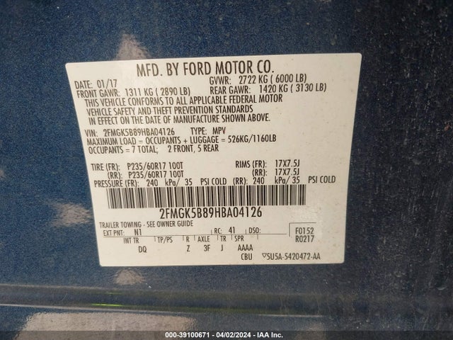 Ford FLEX SE 2017 2FMGK5B89HBA04126 Image 9