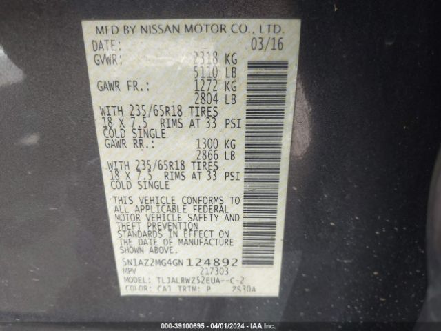 5N1AZ2MG4GN124892 Nissan MURANO SL